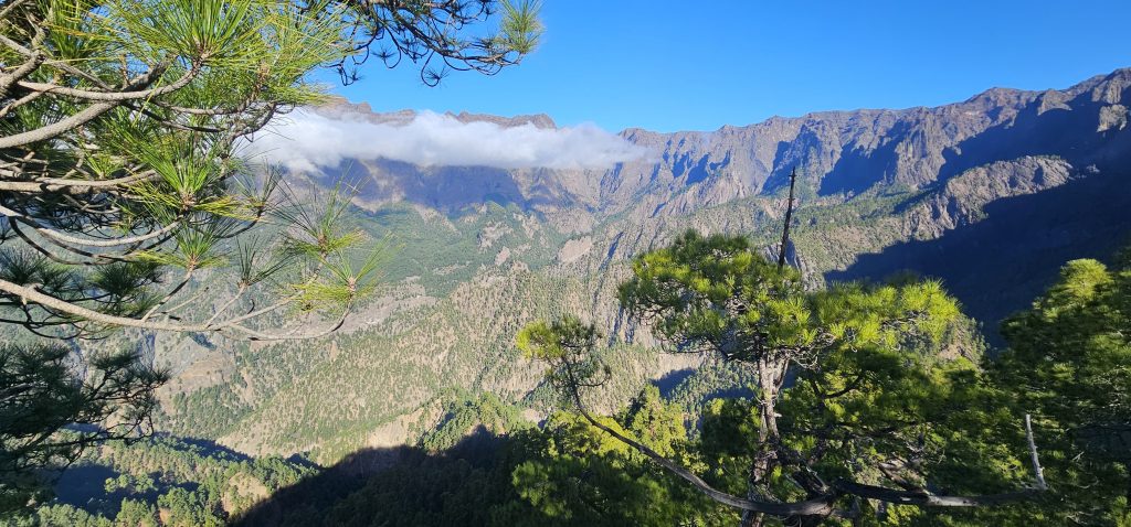 Blick vom Mirador Lomo de las Chozas in die Caldera de Taburiente im Zentrum der Insel La Palma